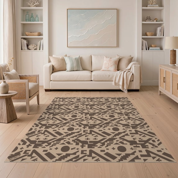 ODIKA 5'x7' Brown Beige Geometric Cross Motif Washable Area Rug Southwestern Style Repeating Medallion Aztec for Small Living Room, Bedroom, Easy Care, Non-Shedding, Pet Friendly