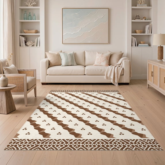 ODIKA 5'x7' Brown Cream Warm Geometric Design Washable Area Rug Diagonal Patterns with Intricate Borders Easy Care, Non-Shedding, Pet Friendly, for Small Living Room, Bedroom