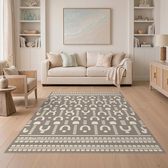 ODIKA 5'x7' Brown Ivory Natural Geometric Arch Pattern Washable Area Rug Contemporary Abstract Motif with Structured Grid for Dining Room, Under Table, Home Office, Non-Slip Chair-Friendly