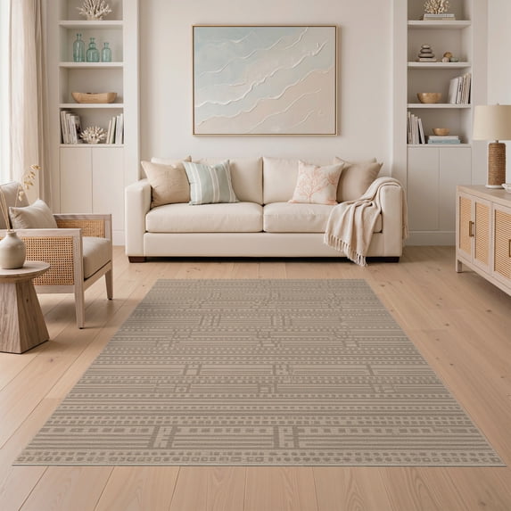 ODIKA 5'x7' Brown Micro-Crosshatch Stilt Design Washable Area Rug Intricate Geometric Lines and Patterns Non-Slip, Low Pile, Stain Resistant for Guest Room, Lounge, Apartment