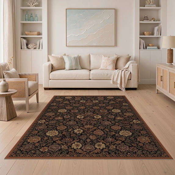 ODIKA 5'x7' Burnt Orange And Charcoal Traditional Washable Area Rug Faded Palatial Blossom Field Multi Band Frame Antique for Guest Room, Lounge, Apartment, Non-Slip Low Profile, Stain Resistant