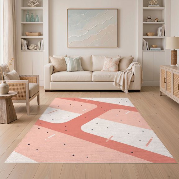 ODIKA 5'x7' Coral Cream Abstract Wavy Stripes Dotted Washable Area Rug Modern Geometric Flowing Bands with Scattered for Dining Room, Under Table, Home Office, Non-Slip Chair-Friendly