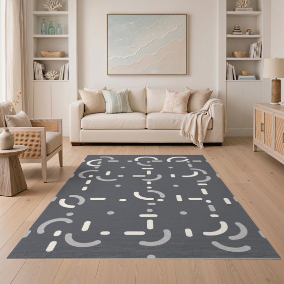 ODIKA 5'x7' Cream Charcoal Geometric Washable Area Rug Modern Abstract Circles and Lines Design Non-Slip, Low Pile, Stain Resistant for Guest Room, Lounge, Apartment