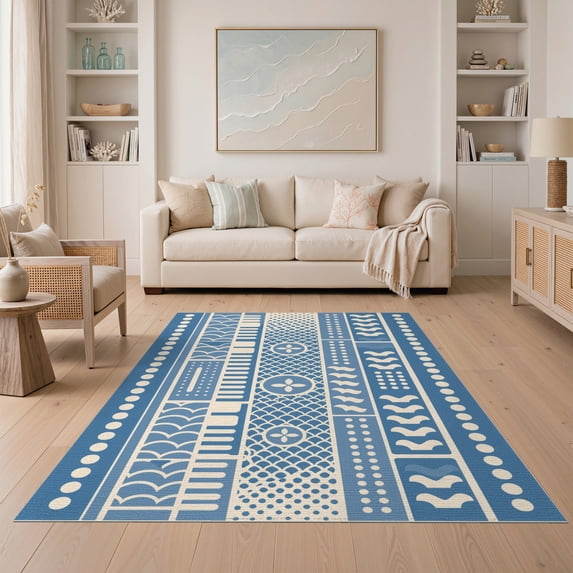 ODIKA 5'x7' Cream Denim Geometric Stripe Design Washable Area Rug Bold Handwoven Patterns with Modern Flair Easy Care, Non-Shedding, Pet Friendly, for Small Living Room, Bedroom