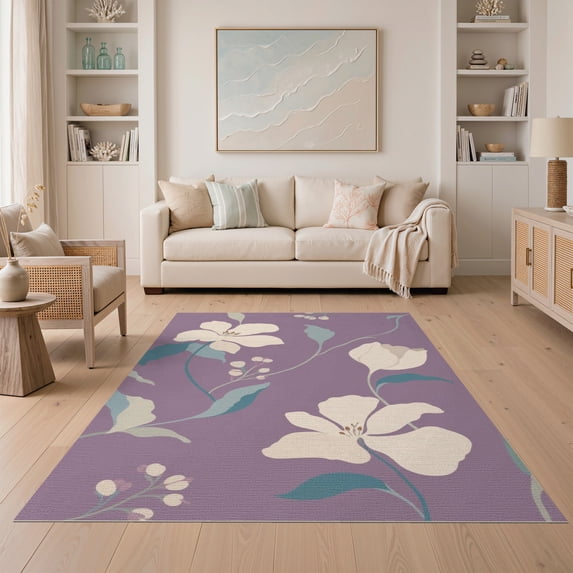 ODIKA 5'x7' Cream Lavender Floral Elegance Washable Area Rug Charming Spring Blossom Design Easy Care, Non-Shedding, Pet Friendly, for Small Living Room, Bedroom