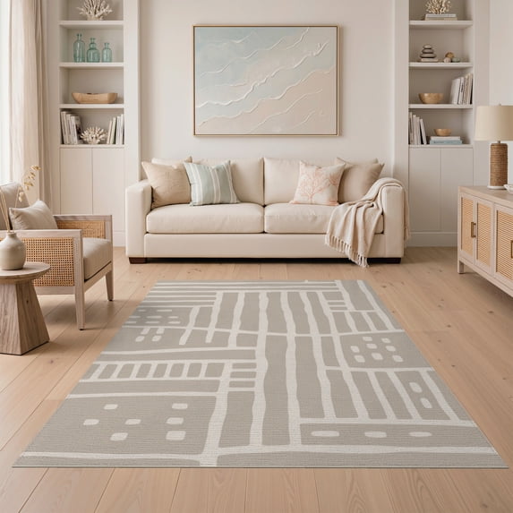ODIKA 5'x7' Cream Taupe Abstract Geometric Design Washable Area Rug Modern Pattern with Unique Shapes for Dining Room, Under Table, Home Office, Non-Slip Chair-Friendly