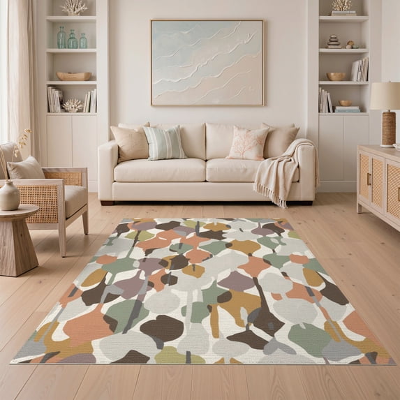ODIKA 5'x7' Earthy Multicolor Abstract Botanical Leaf Washable Area Rug Contemporary Foliage Motif Easy Care, Non-Shedding, Pet Friendly, for Small Living Room, Bedroom