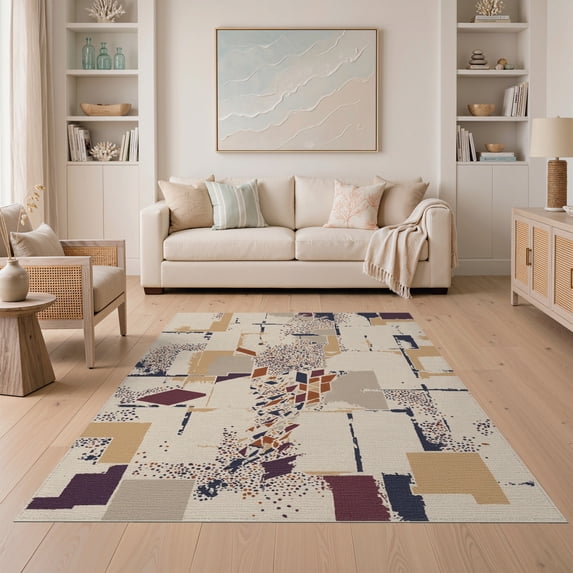 ODIKA 5'x7' Gray Beige Geometric Slate Design Washable Area Rug Contemporary Abstract Pattern with Multi Shapes Easy Care, Non-Shedding, Pet Friendly, for Small Living Room, Bedroom