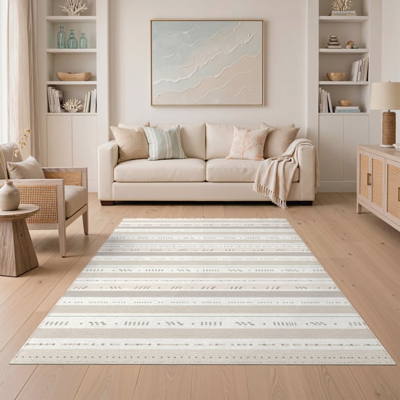ODIKA 5'x7' Gray Beige Pattern Washable Area Rug Modern Geometric Stripes with Style for Dining Room, Under Table, Home Office, Non-Slip Chair-Friendly