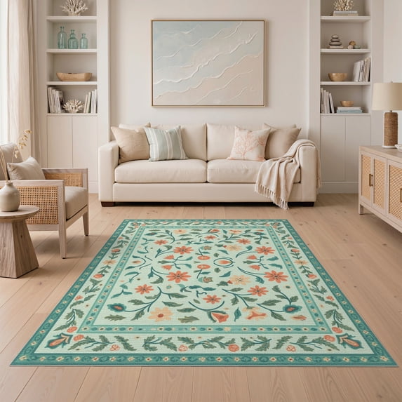 ODIKA 5'x7' Green Sage Botanical Floral Vine Courtyard Washable Area Rug Traditional Inspired Ornate Border Design for Dining Room, Under Table, Home Office, Non-Slip Chair-Friendly