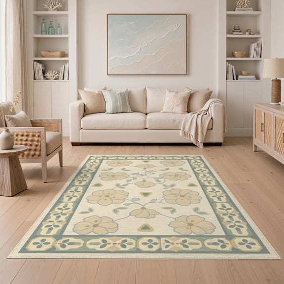 ODIKA 5'x7' Green Seafoam Floral Medallion Traditional Washable Area Rug Vintage Botanical Motif with Geometric Corner Easy Care, Non-Shedding, Pet Friendly, for Small Living Room, Bedroom