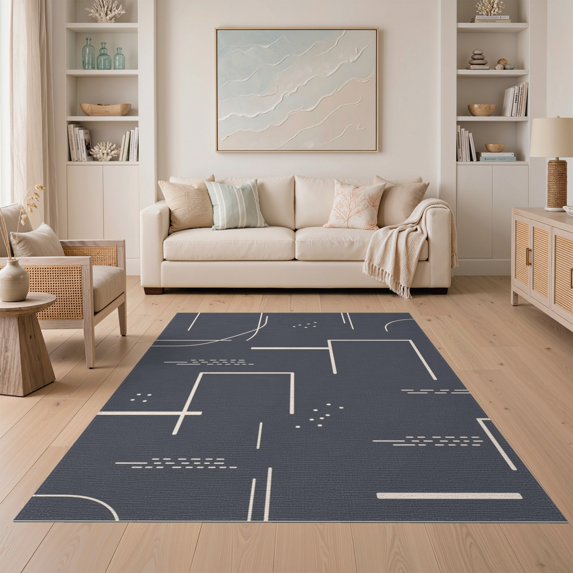 ODIKA 5'x7' Grey Abstract Geometric Lines Dots Modern Washable Area Rug Contemporary Minimalist Design with Rectangular for Dining Room, Under Table, Home Office, Non-Slip Chair-Friendly