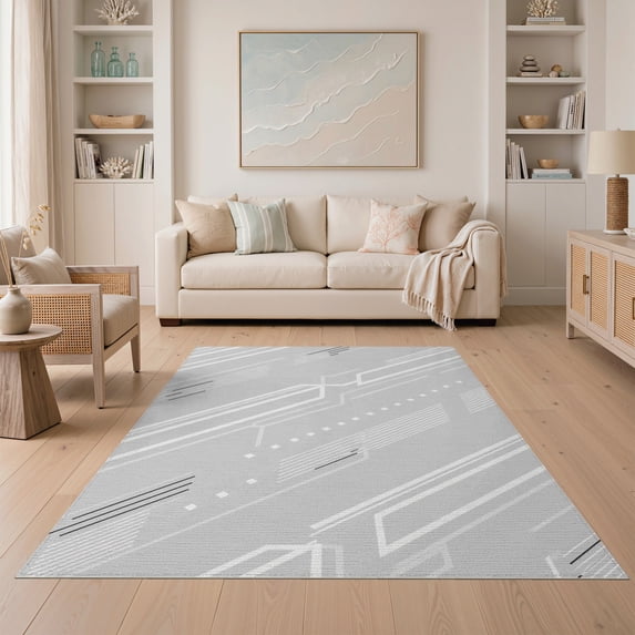ODIKA 5'x7' Grey Ivory Modern Geometric Design Washable Area Rug Sleek Patterns for Contemporary Spaces Non-Slip, Chair-Friendly for Dining Room, Under Table, Home Office