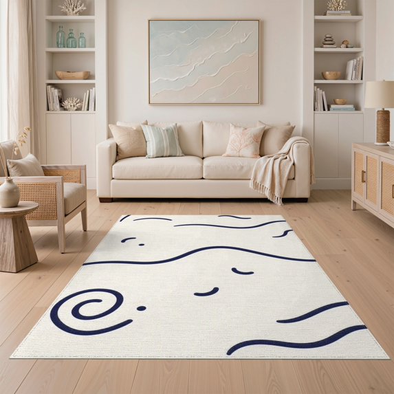 ODIKA 5'x7' Ivory Abstract Au Naturale Bath Washable Area Rug Modern Minimalist Waves And Swirls For A Serene Ambiance for Guest Room, Lounge, Apartment, Non-Slip Low Profile, Stain Resistant