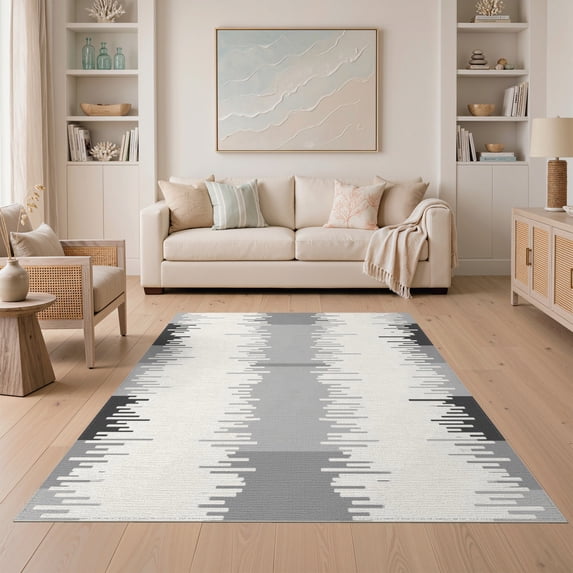 ODIKA 5'x7' Ivory Gray Bohemian Pattern Washable Area Rug Contemporary Design for Style Non-Slip, Chair-Friendly for Dining Room, Under Table, Home Office