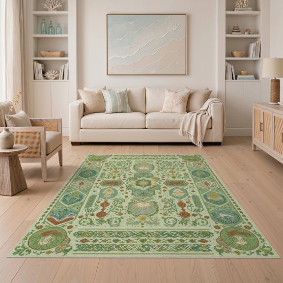 ODIKA 5'x7' Mint Green Celtic Woodland Wanderer Washable Area Rug Intricate Medieval Style Geometric Medallion With Floral Vine for Dining Room, Under Table, Home Office, Non-Slip Chair-Friendly