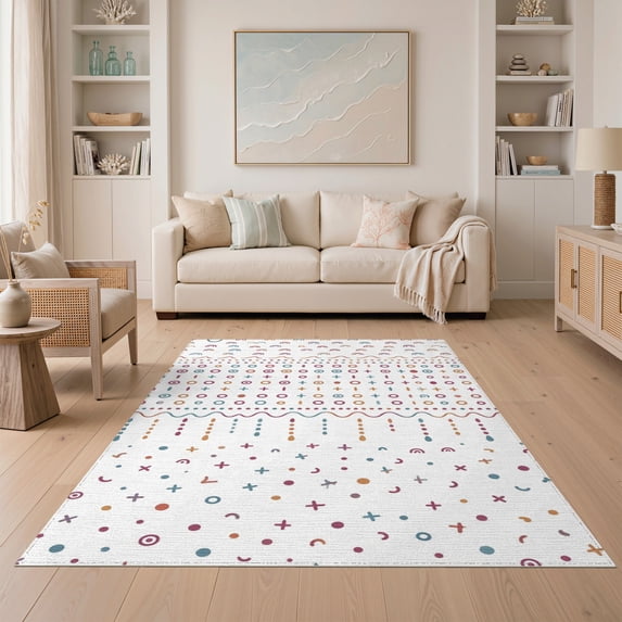 ODIKA 5'x7' Multicolor Geometric Rainbow Circles Cross Washable Area Rug Contemporary Bohemian Motifs With Dotted for Dining Room, Under Table, Home Office, Non-Slip Chair-Friendly