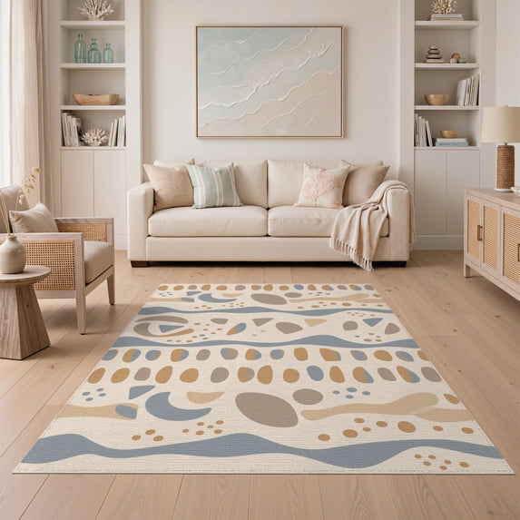 ODIKA 5'x7' Natural Earth Tones Abstract Waves Washable Area Rug Modern Geometric Pattern with Shapes for Small Living Room, Bedroom, Easy Care, Non-Shedding, Pet Friendly