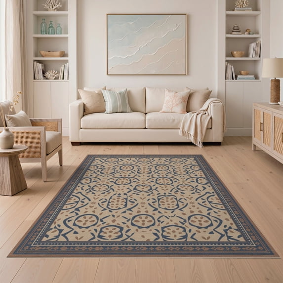 ODIKA 5'x7' Navy Beige Black Geometric Floral Design Washable Area Rug Elegant Motif Pattern for Small Living Room, Bedroom, Easy Care, Non-Shedding, Pet Friendly