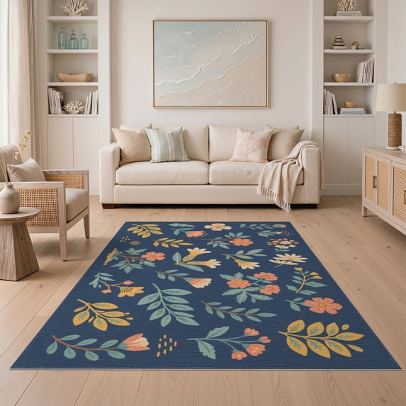 ODIKA 5'x7' Navy Blue Hawthorne Botanical Floral Washable Area Rug Vintage Inspired Scattered Wildflower Motifs for Dining Room, Under Table, Home Office, Non-Slip Chair-Friendly