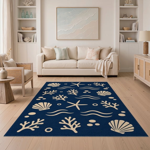 ODIKA 5'x7' Navy Blue Starfish Coral Shell Ocean Washable Area Rug Seashell Waves Nautical Motif Contemporary Geometric Scattered for Dining Room, Under Table, Home Office, Non-Slip Chair-Friendly
