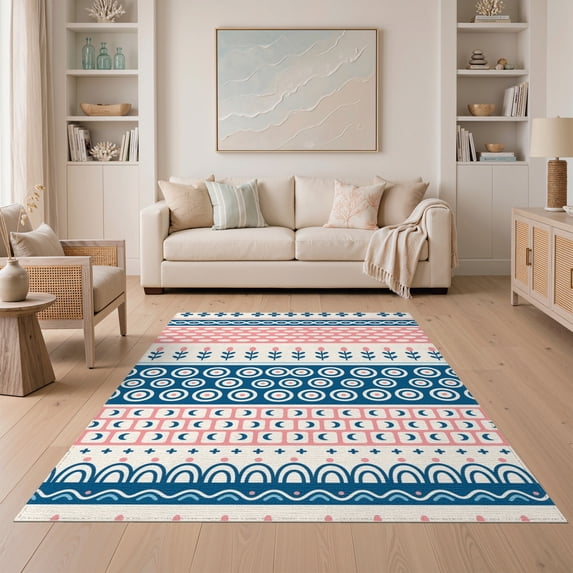 ODIKA 5'x7' Navy Pink Geometric Floral Stripe Washable Area Rug Intricate with Circles and Arches for Dining Room, Under Table, Home Office, Non-Slip Chair-Friendly
