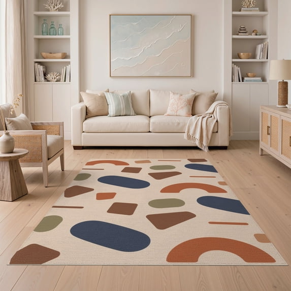 ODIKA 5'x7' Navy Terracotta Abstract Shapes Washable Area Rug Modern Geometric Design with Unique Style Non-Slip, Low Pile, Stain Resistant for Guest Room, Lounge, Apartment