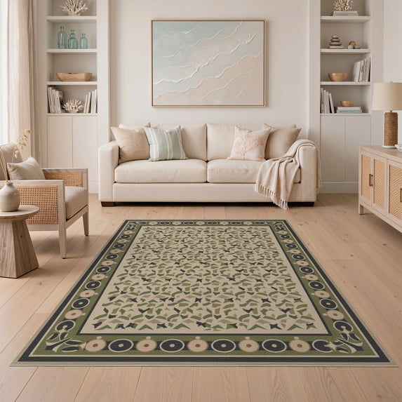 ODIKA 5'x7' Olive Green Abstract Charcoal Washable Area Rug Geometric Border Design With Modern Artistic Flair for Small Living Room, Bedroom, Easy Care, Non-Shedding, Pet Friendly