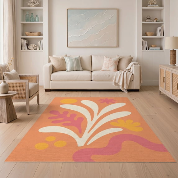 ODIKA 5'x7' Orange Pink Vibrant Abstract Design Washable Area Rug Playful Mid-Century Modern Floral Pattern for Guest Room, Lounge, Apartment, Non-Slip Low Profile, Stain Resistant
