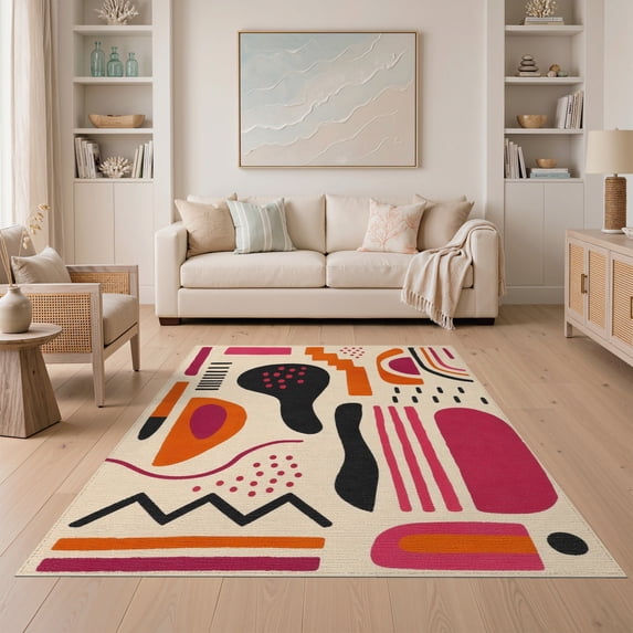 ODIKA 5'x7' Orange Pink Vibrant Abstract Geometric Washable Area Rug Modern Artistic Pattern with Bold Shapes for Small Living Room, Bedroom, Easy Care, Non-Shedding, Pet Friendly