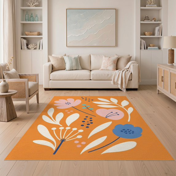 ODIKA 5'x7' Orange Vibrant Floral and Botanical Washable Area Rug Elegant Daisy Motifs with Modern Artistic Touch for Dining Room, Under Table, Home Office, Non-Slip Chair-Friendly