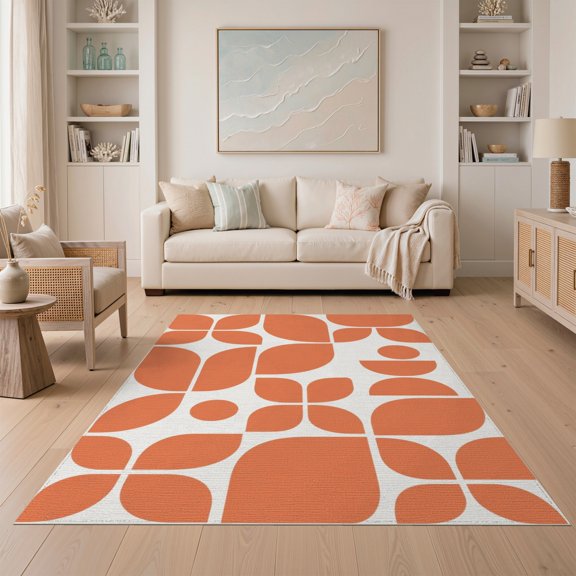 ODIKA 5'x7' Orange White Mod Leaves Design Washable Area Rug Minimalist Geometric Pattern with Retro Flair for Guest Room, Lounge, Apartment, Non-Slip Low Profile, Stain Resistant