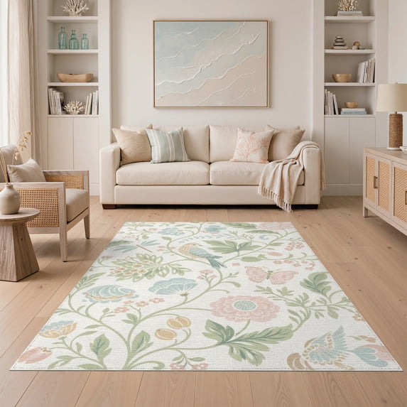 ODIKA 5'x7' Pastel Floral Elegance with Nature Motifs Washable Area Rug Enchanting Garden and Wildlife Artistry Design Easy Care, Non-Shedding, Pet Friendly, for Small Living Room, Bedroom
