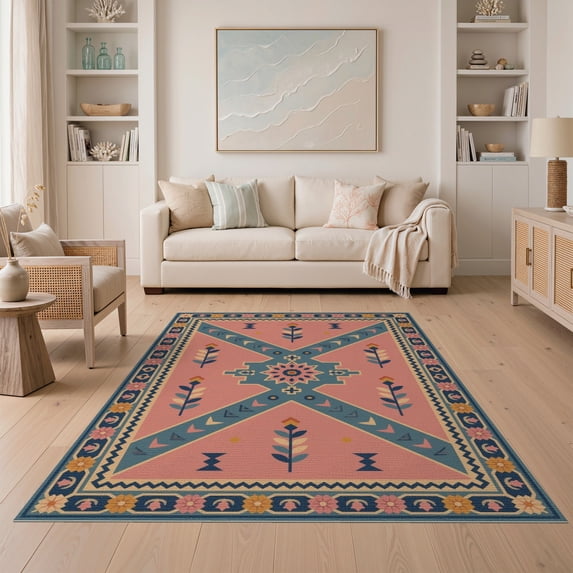 ODIKA 5'x7' Pink Blue Geometric Floral Design Washable Area Rug Intricate Motif for Dining Room, Under Table, Home Office, Non-Slip Chair-Friendly