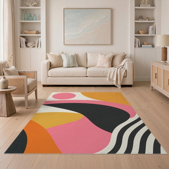 ODIKA 5'x7' Pink Orange Swirls and Bold Geometric Washable Area Rug Abstract Mid-Century Design with Vibrant Curves for Guest Room, Lounge, Apartment, Non-Slip Low Profile, Stain Resistant