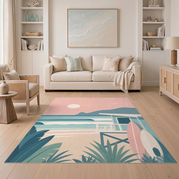 ODIKA 5'x7' Pink Teal Serene Coastal Escape Design Washable Area Rug Chic Surfside Aesthetic with Beach Vibes Non-Slip, Low Pile, Stain Resistant for Guest Room, Lounge, Apartment