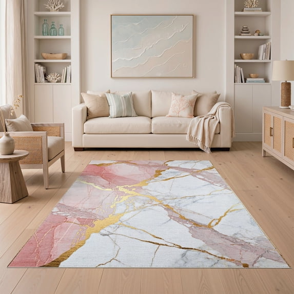 ODIKA 5'x7' Pink White Abstract Gradient Grey Washable Area Rug Cracked Stone Channels Shimmer Streaks Airy Composition Non-Slip, Low Pile, Stain Resistant for Guest Room, Lounge, Apartment