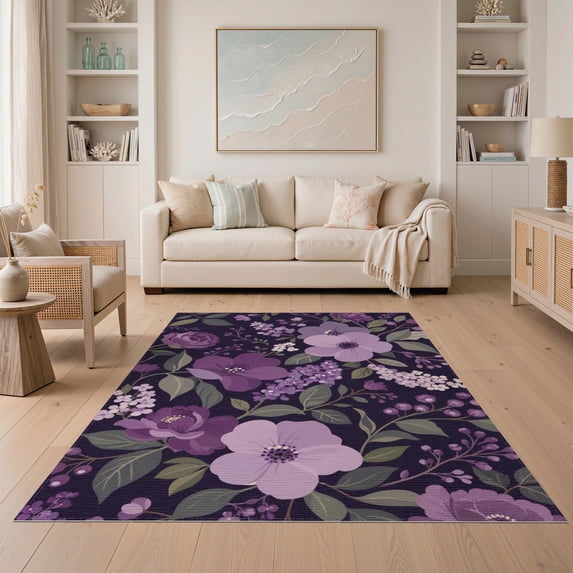 ODIKA 5'x7' Purple Pink Rose Garden Night Design Washable Area Rug Elegant Floral Pattern with Lush Blooms for Dining Room, Under Table, Home Office, Non-Slip Chair-Friendly