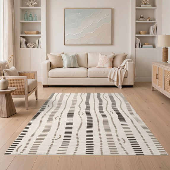 ODIKA 5'x7' Tan Black Abstract Dotted Stripe Washable Area Rug Modern Geometric Vertical Lines Pattern Non-Slip, Chair-Friendly for Dining Room, Under Table, Home Office