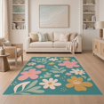 thumbnail image 1 of ODIKA 5'x7' Teal Blossom Delight Abstract Floral Washable Area Rug Charming Pop-Art Inspired Flower Motif Elegance for Dining Room, Under Table, Home Office, Non-Slip Chair-Friendly, 1 of 7