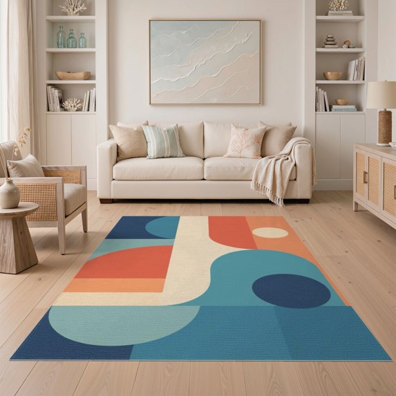 ODIKA 5'x7' Teal Orange Geometric Harmony Design Washable Area Rug Vintage Inspired Abstract Shapes and Lines Non-Slip, Low Pile, Stain Resistant for Guest Room, Lounge, Apartment