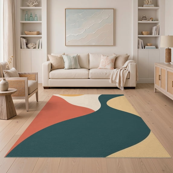 ODIKA 5'x7' Teal Terracotta Sunseeker Design Washable Area Rug Modern Abstract Flowing Shapes Pattern Non-Slip, Low Pile, Stain Resistant for Guest Room, Lounge, Apartment