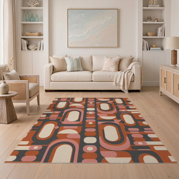 ODIKA 5'x7' Terracotta Geometric Retro Washable Area Rug Bold Mid Century Modern Design With Dynamic Shapes for Small Living Room, Bedroom, Easy Care, Non-Shedding, Pet Friendly