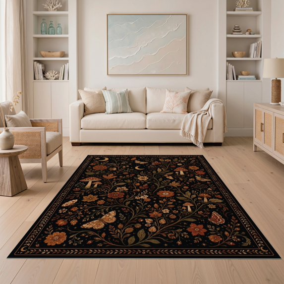 ODIKA 5'x7' Ultra-Soft Area Rug, Autumnal Earth Tones Floral and Fauna Design Elegant Nature-Inspired Motif with Detailed Washable, Bare feet friendly, Silk-Touch for Bedroom Home office