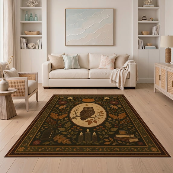 ODIKA 5'x7' Ultra-Soft Area Rug, Autumnal Owl and Foliage Design Nature Motif with Floral Accents Washable, Bare feet friendly, Silk-Touch for Bedroom Home office