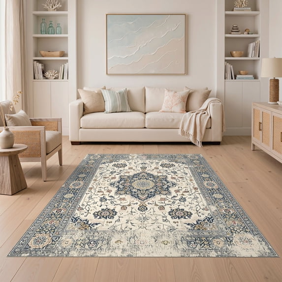 ODIKA 5'x7' Ultra-Soft Area Rug, Beige Dining Vintage Lattice Ornate Neutral Cream Textured Colored None Washable, Bare feet friendly, Silk-Touch for Bedroom Home office