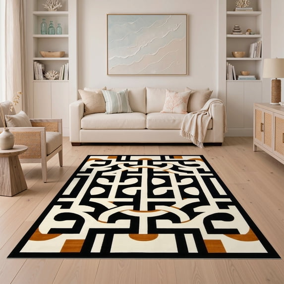 ODIKA 5'x7' Ultra-Soft Area Rug, Black Cream Geometric Contemporary Abstract Mid Century Interlocking Arch Knot Design Washable, Bare feet friendly, Silk-Touch for Bedroom Home office