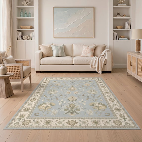 ODIKA 5'x7' Ultra-Soft Area Rug, Blue Floral Elegance with Intricate Borders Traditional Motifs and Detailed Edge Washable, Bare feet friendly, Silk-Touch for Bedroom Home office