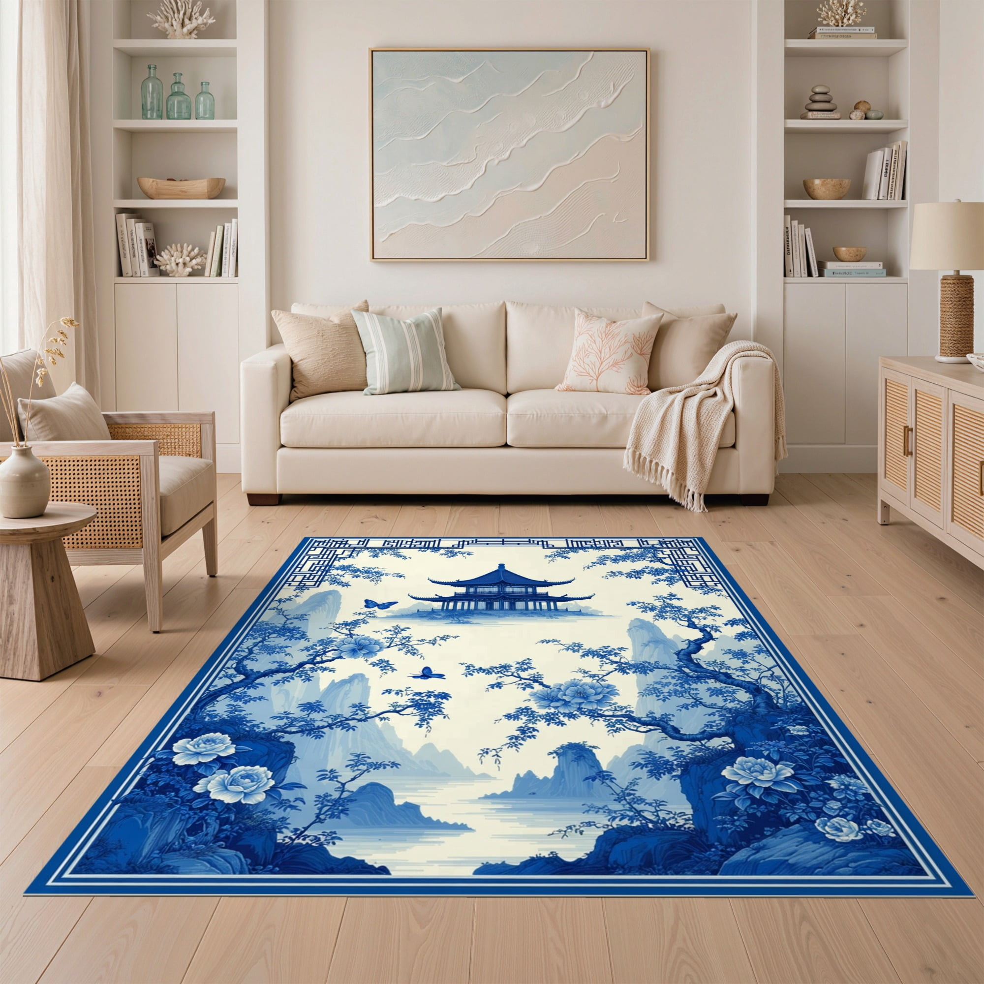 ODIKA 5'x7' Ultra-Soft Area Rug, Blue Ivory Chinoiserie Cobalt Pagoda ...