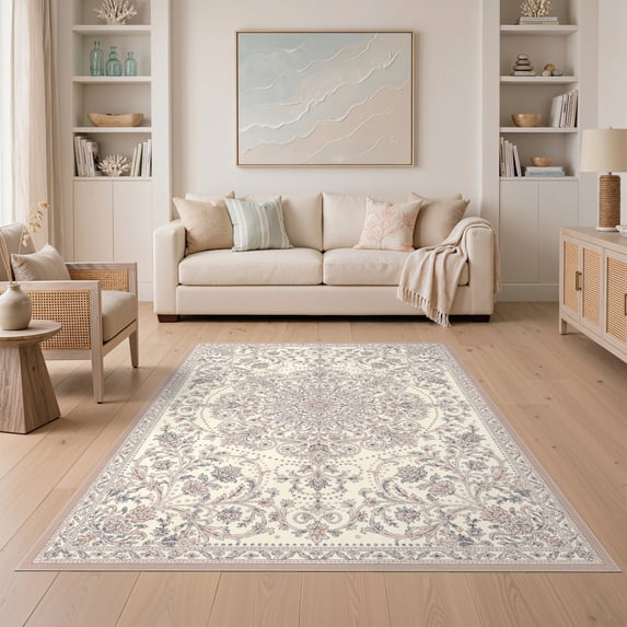 Entry Area Rug ODIKA 5'x7' Ultra-Soft Area Rug, Boho Vintage Scroll Dotted Distressed ...